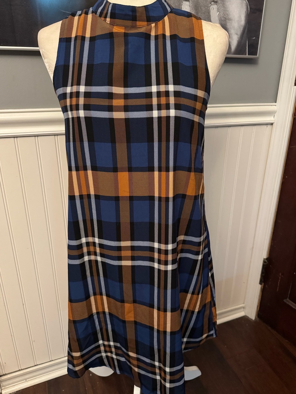 Sandy & Sid Blue Brown Plaid Sleeveless High Neck Dress Cutout Size Small